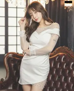 Tikaオフショルダー シアーチュール長袖デコルテパール切り替タイトミニドレス