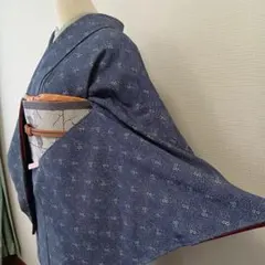紺系　小花模様　小紋　袷　化繊　一部しつけ糸付き