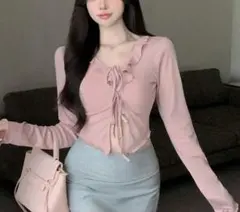 【SHEIN】DAZY フリル フロントリボン カーディガン ピンク M