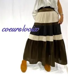 ★新品★レディース ロング スカート マキシ 配色 ゴム レース M ギャザー