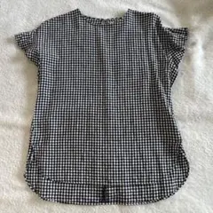 any famフレンチリネン　チェック柄 フリル袖半袖シャツ