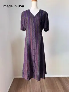 80s USA製 前開き レーヨン マルチストライプ ロングワンピース Y27O