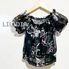 LILIDIA　リリディア　カットソー　シアー　黒　花柄　パフ袖　ブラックのサムネイル
