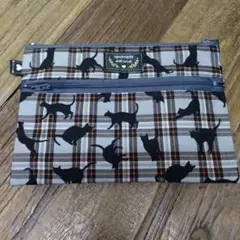 ハンドメイド猫シルエット チェック柄ダブルファスナーポーチ