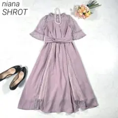 【低身長用】　niana　ビスチェ風ハイネックレース結婚式ワンピース　ピンク　S