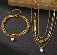 サージカルステンレス 【２セット】3連チェーン ネックレスとブレスレット パール