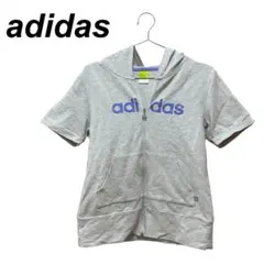 アディダス　半袖パーカー　L　ビッグロゴ　グレー　フーディー M　古着