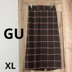 GU ブラウン系チェック柄ミディ丈タイトスカート　XL 大きいサイズ