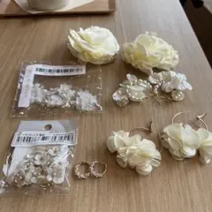 ウェディング　フラワーとパールのピアスセット　結婚式