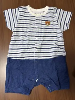 ストライプロンパース（クマ刺繍）70