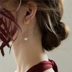 ゴールドパールチェーンフックイヤーカフ イヤリング パール非対称イヤーカフ