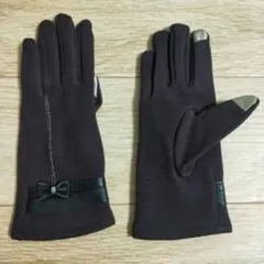 ダークブラウン リボン付き手袋 　裏起毛