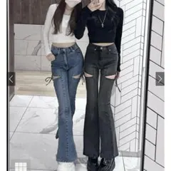 サイドカットアウトリボンフレアデニムパンツ[cu578]