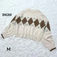 イング INGNI リブ編みニット 大きめアーガイル柄 アイボリー M