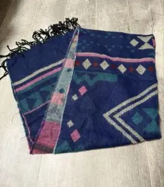 幾何学模様 ネイビー ストール フリンジ付き