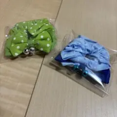 子猫 シュシュ 首輪 ハンドメイド 水玉模様 リボン首輪 緑 青 2個セット