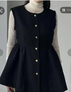 Louere ゴールドボタン ペプラム フリンジ ベスト S ブラック