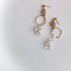 №712　ラインストーン×リング×鈴丸ビーズピアスイヤリング　ハンドメイド