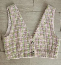 ZARA ツイード ノースリーブベスト ピンク・グリーン