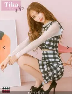 長袖 シアー切り替えネックリボンチェック柄裾フリルウエストカットタイトミニドレス