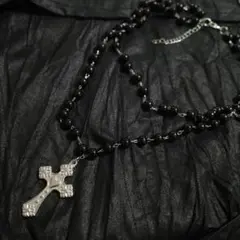 ブラック クロス 二連ネックレス ハート ビーズ パンク ゴシック