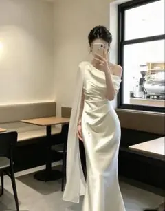 ワンショルダー ケープ風 ロングドレス ホワイト
