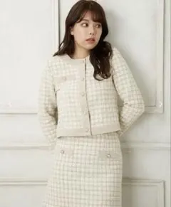 配色切替ノーカラーツイードジャケット/オフホワイト