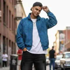 90s総柄ナイロンジャケットブルー短丈ボックスシルエットMサイズグリーン