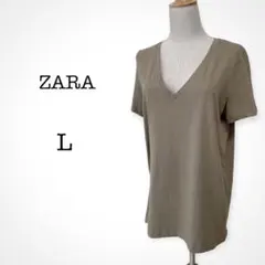 ザラ 半袖 Tシャツ トップス Vネック 無地 シンプル レディース カーキ L