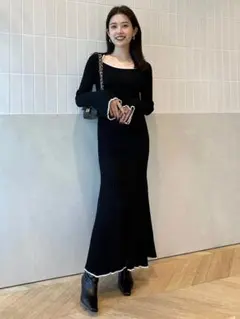 バイカラーマーメイドニットワンピース ブラック anuans アニュアンス