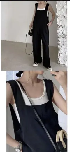 ブラック サロペット ワイドパンツ スリット入りのサムネイル