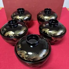 会津漆器　会津塗　静山作　沈金　蒔絵　汁碗 お椀　蓋付き碗　雑煮碗　煮物碗　５客のサムネイル