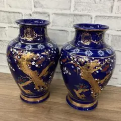 D壁 中山 作 瑠璃金彩 松竹梅 梅花文 対花瓶 一対 仏壇 仏具 花立 飾壺 D壁 中山 作 瑠璃金彩 松竹梅 梅花文 対花瓶 一対 仏壇 仏具 花立 飾壺