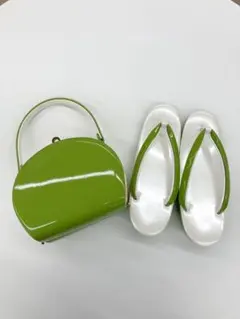 和装小物グリーン【丸型ハンドバッグと草履セット】
