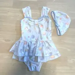 フリルワンピース水着　マカロン　スイーツ　水色　ブルー　水玉　ドット　110