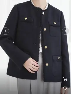 grove ネイビー ノーカラー ツイードジャケット 金ボタン フリンジ
