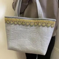 ㉜ ビッグサイズ　インド刺繍リボン　肩掛け可能　グレー　ヌビバッグ　ハンドメイド