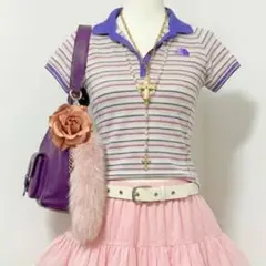 【希少モデル】ザノースフェイス　ラメ入り❤︎美品ポロシャツ　ピチT 紫ピンクY2K