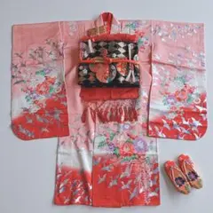 七五三　7歳女児　セット　着物　ピンク　鶴　ボタン　簡単半襟　7287