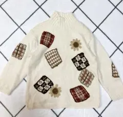 ブルーベリーファーム　パッチワーク　３Ｄ ウール　ニット　セーター　ハイネック