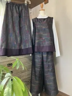 着物リメイク大島紬（絹）ゆったり3点セットベスト、スカート、ワイドパンツ