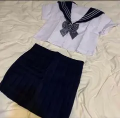 こだわりの本物生地 セーラー服上下セット 白と紺　リボン付き　メガネ　セットのサムネイル