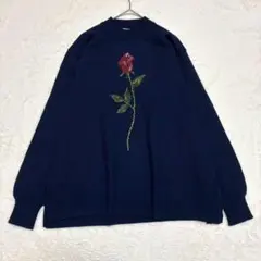 花柄刺繍ニット◆セーター(XL)大きいサイズ 薔薇 レトロ感 一輪挿し ゆったり