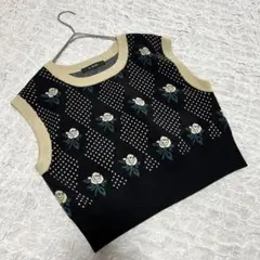 美品【ダブルクローゼット】(F)ニットベスト ジレ 薔薇 花柄 黒 ブラック
