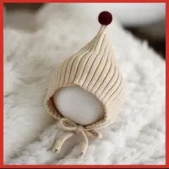ベビー　キッズ　赤ちゃん　とんがり帽子　リブ編み　ボンネット　ポンポン