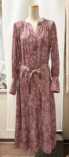 F アーバンリサーチ　光沢　シャツワンピース　茶　花柄　ロング　リボンM ＬXL