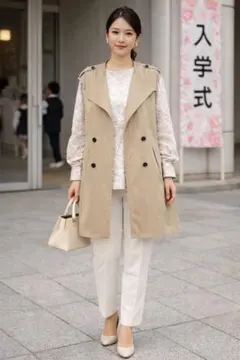 ベージュ ダブルブレスト ベスト　トレンチコート　入学入園　通勤