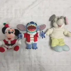 「3点セット」サンタミニー、サンタスティッチ、ホワイトミッキーの小さなぬいぐるみ
