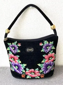 FEILER フェイラー　花柄刺繍 肩がけショルダー＆ハンドバッグ黒　未使用