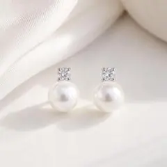 一粒パール×ダイヤイヤリング　シルバー　クリップ　結婚式 真珠　キラキラ